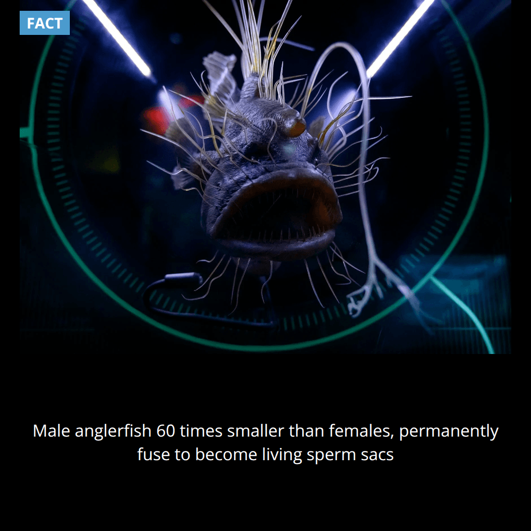 Male anglerfish are 60 times smaller than females and survive by permanently fusing their body to the female, becoming a living sperm sac.