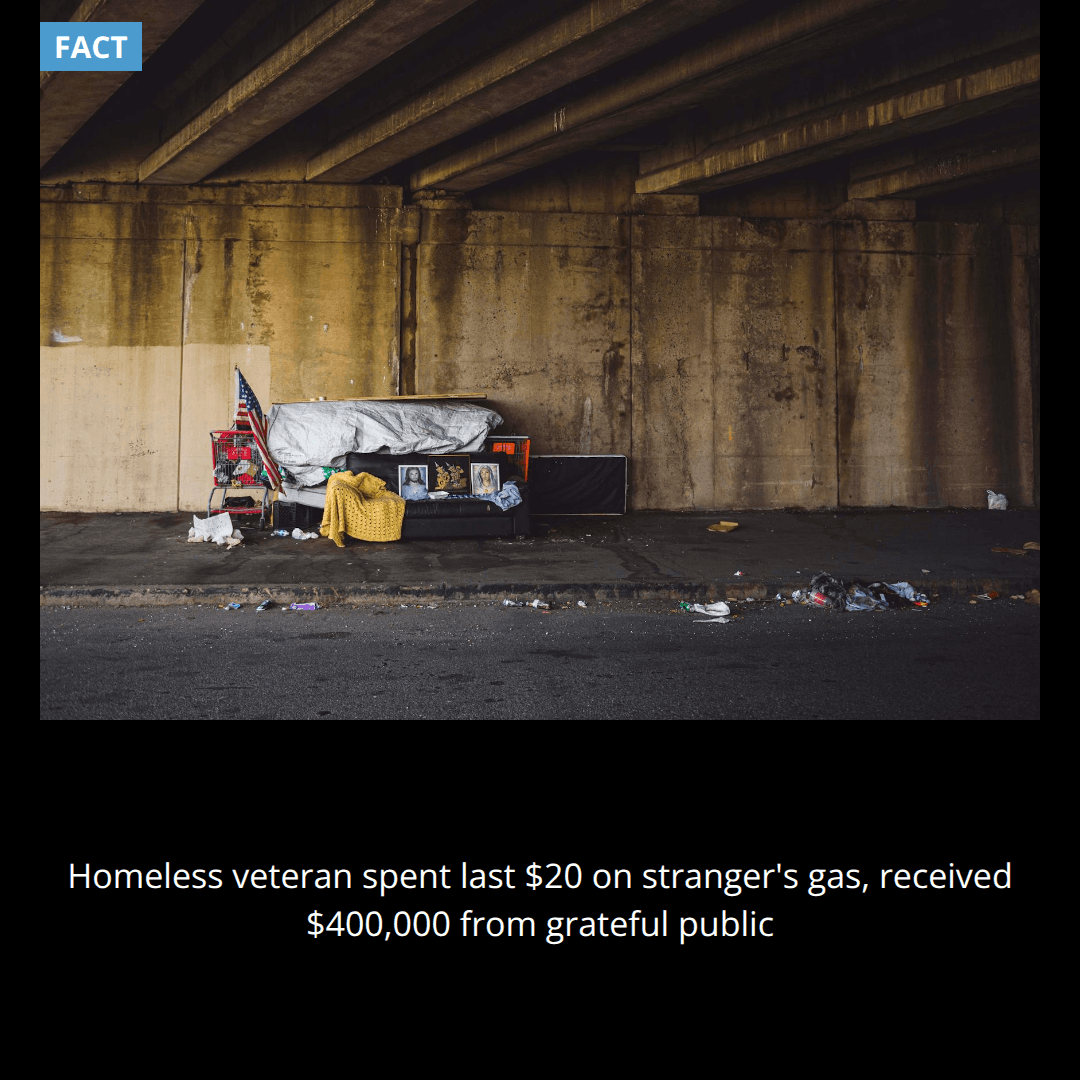 A homeless veteran in Philadelphia used his last $20 to buy gas for a stranded motorist, and strangers raised $400,000 for him in gratitude.