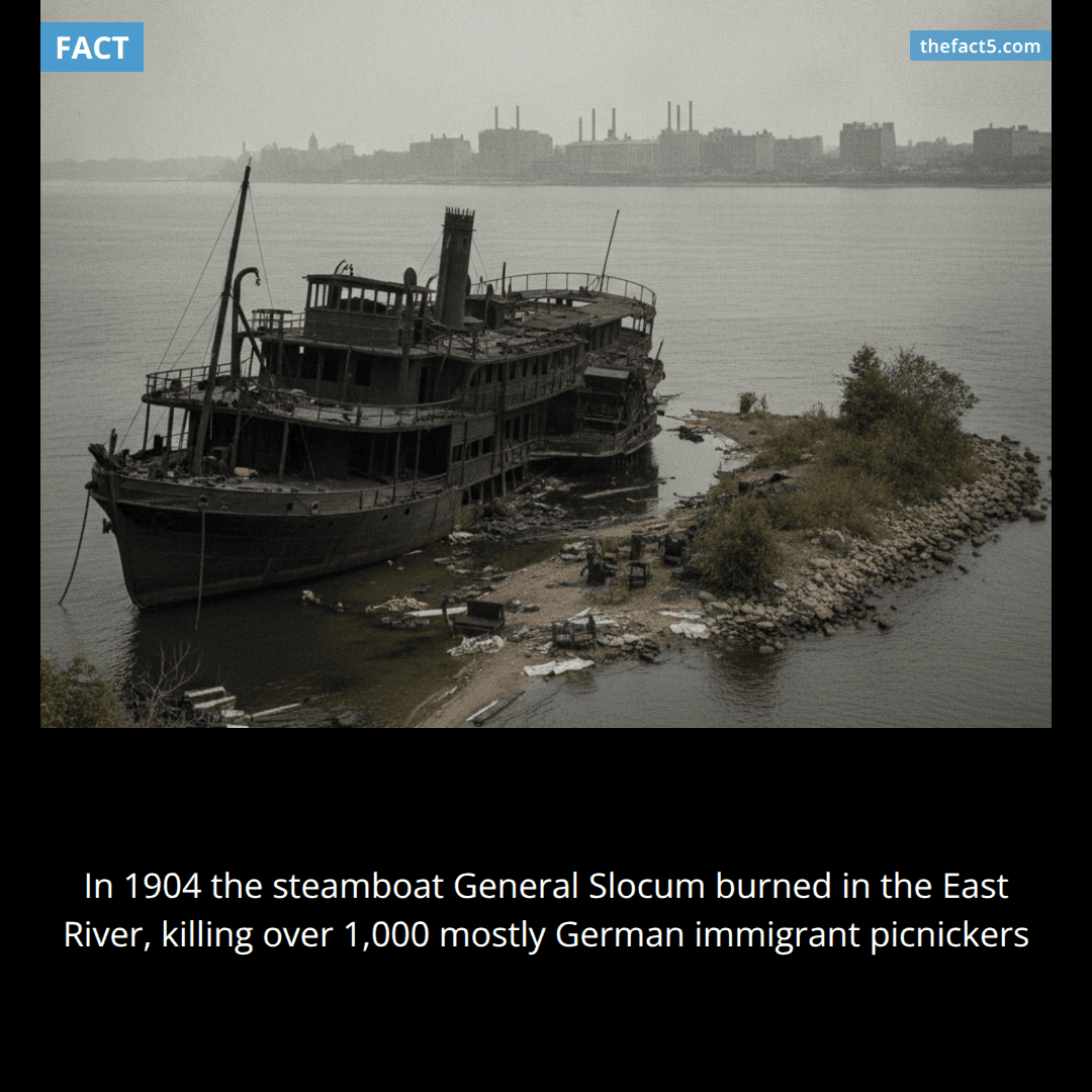 On June 15, 1904, the steamboat General Slocum caught fire in New York's East River during a church picnic outing, killing an estimated 1,021 of the 1,358 passengers — mostly German immigrant women and children from the Little Germany neighborhood — after Captain William Van Schaick ran the boat aground at North Brother Island.