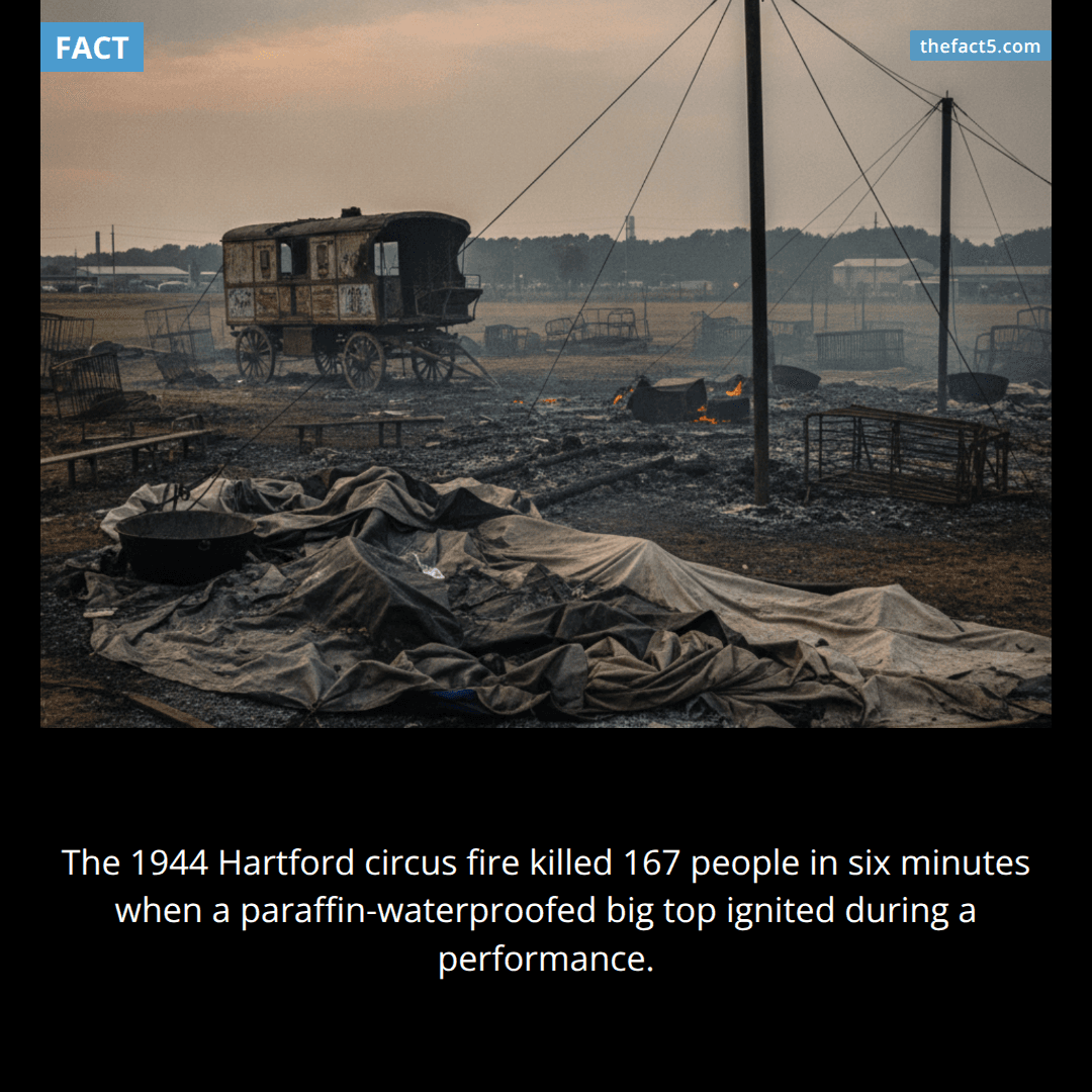 On July 6, 1944, the Hartford circus fire under the Ringling Bros. and Barnum & Bailey big top in Hartford, Connecticut killed 167 people and injured over 700 when the paraffin-and-gasoline-waterproofed canvas tent ignited during an afternoon performance attended by roughly 7,000 spectators.